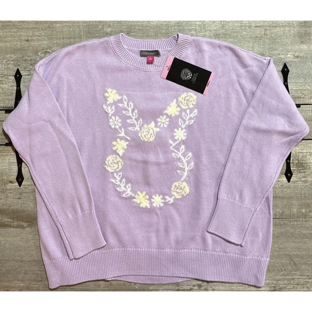 Vince Camuto Easter Sweater Womens S Lilac Purple Floral Bunny Knit Crewneck NWT